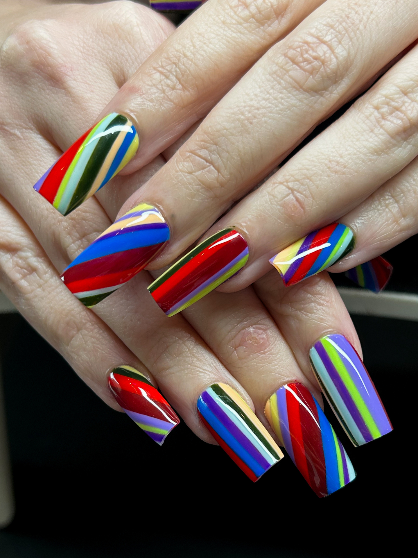 Rainbow diagonal stripe coffin nails